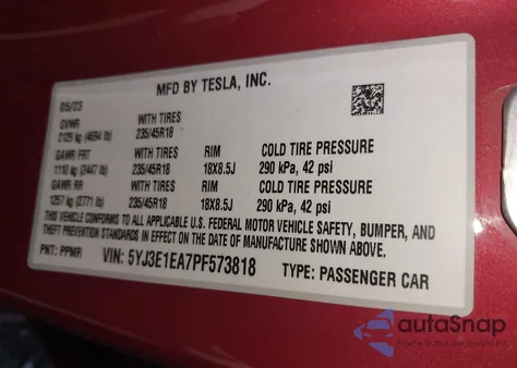 2023 Tesla Model 3 Rear-Wheel Drive из США, поврежденный, VIN 5YJ3E1EA7PF573818